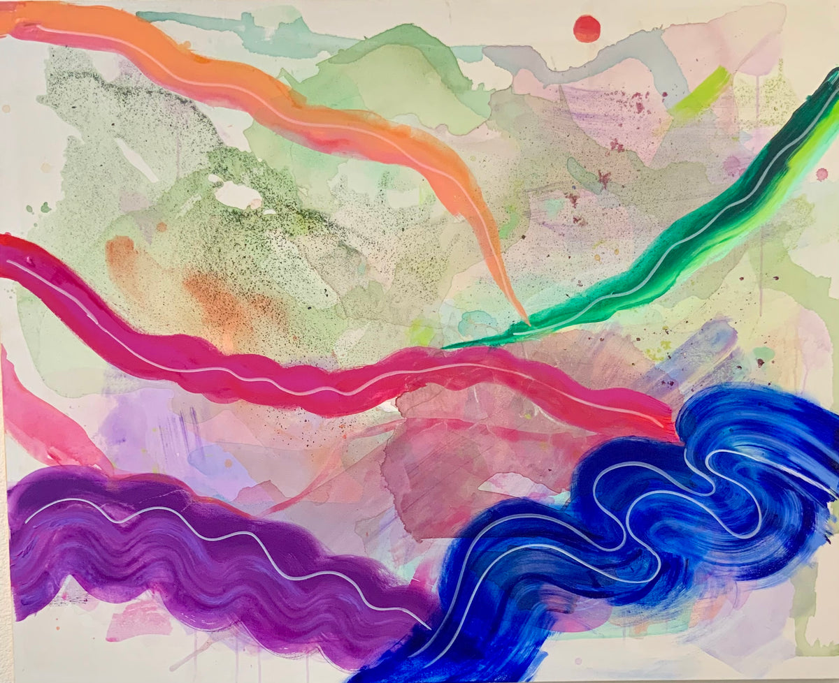Large abstract painting with pink green and blue swirls by Be A Joy Song