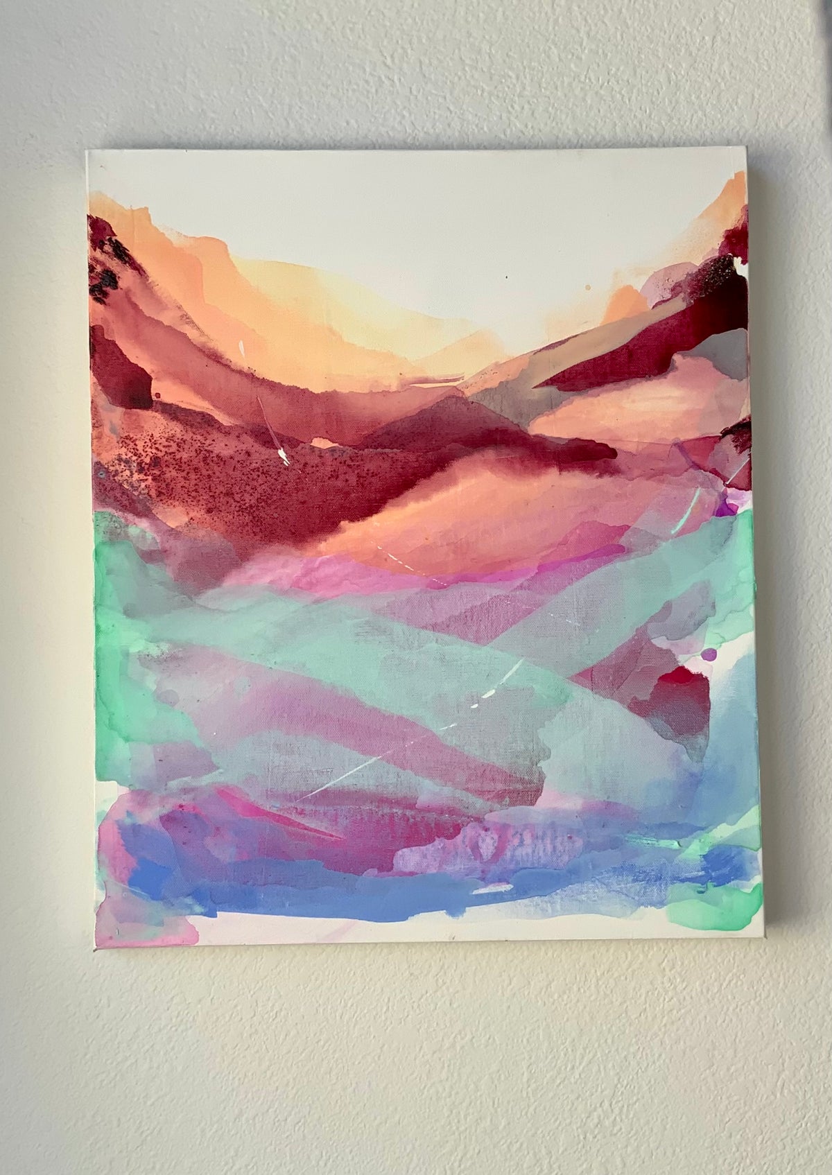 Abstract landscape painting with maroon pink and teal layers by Be A Joy Song