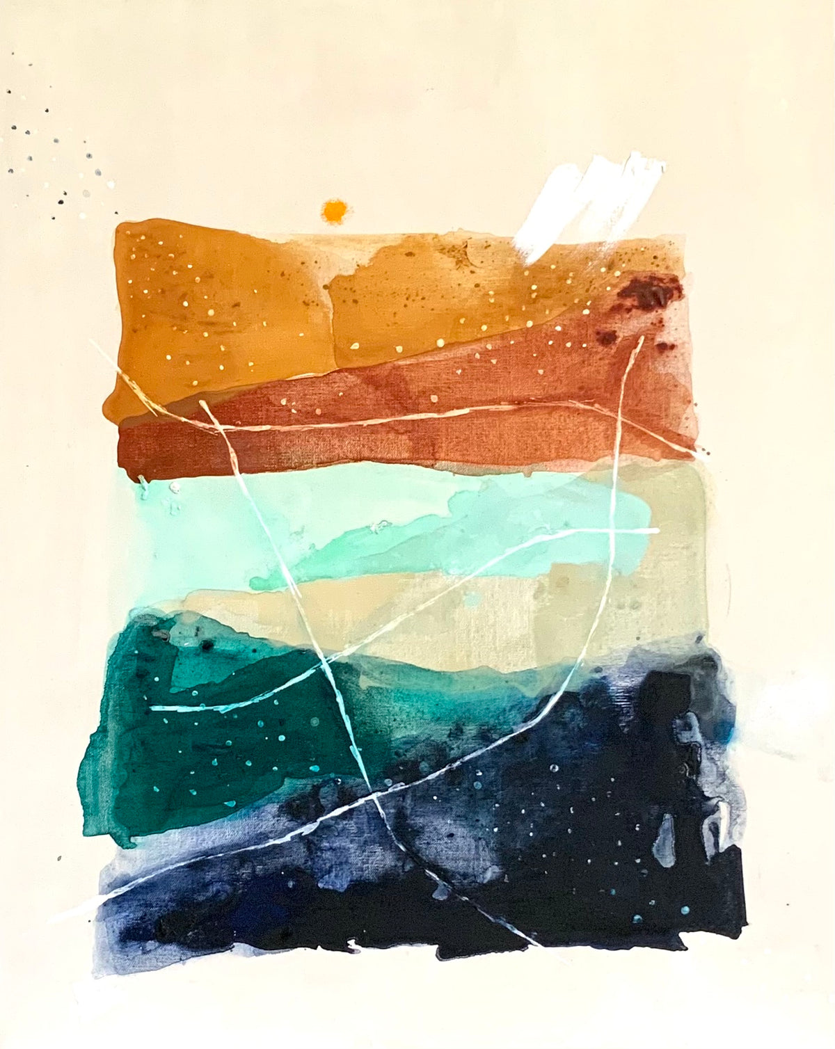 Abstract landscape painting with rust orange teal and navy blue layers by Be A Joy Song