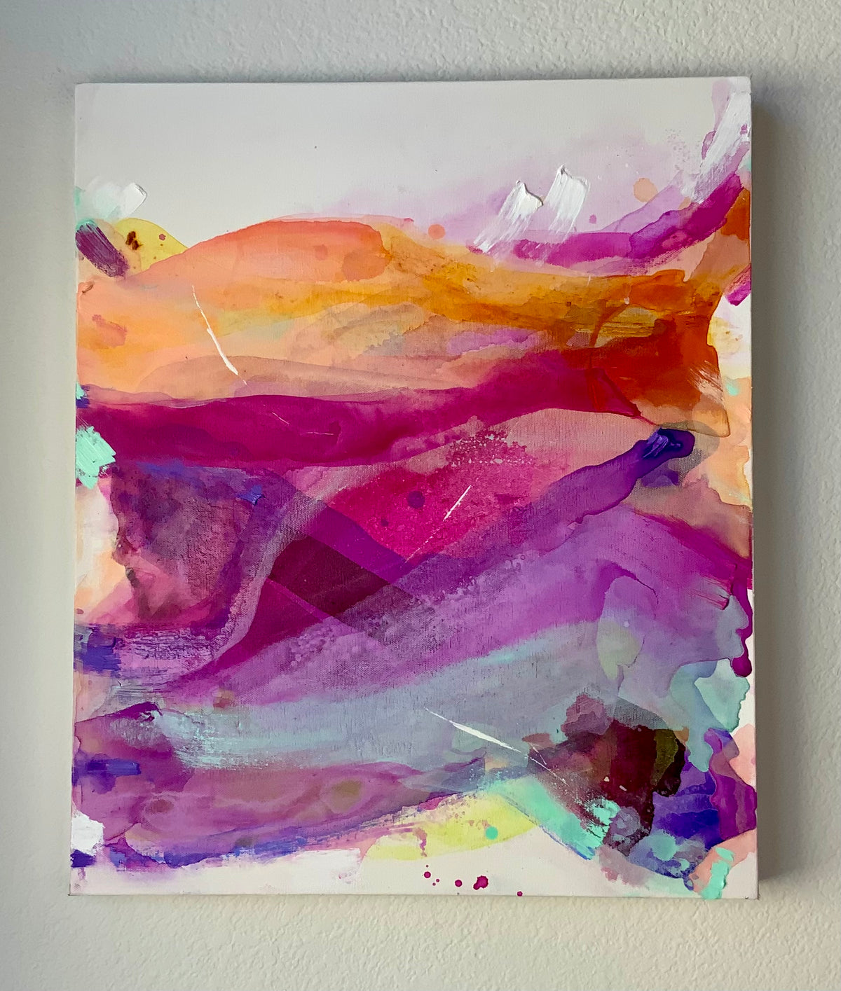 Vibrant abstract painting with pink purple and orange layers by Be A Joy Song